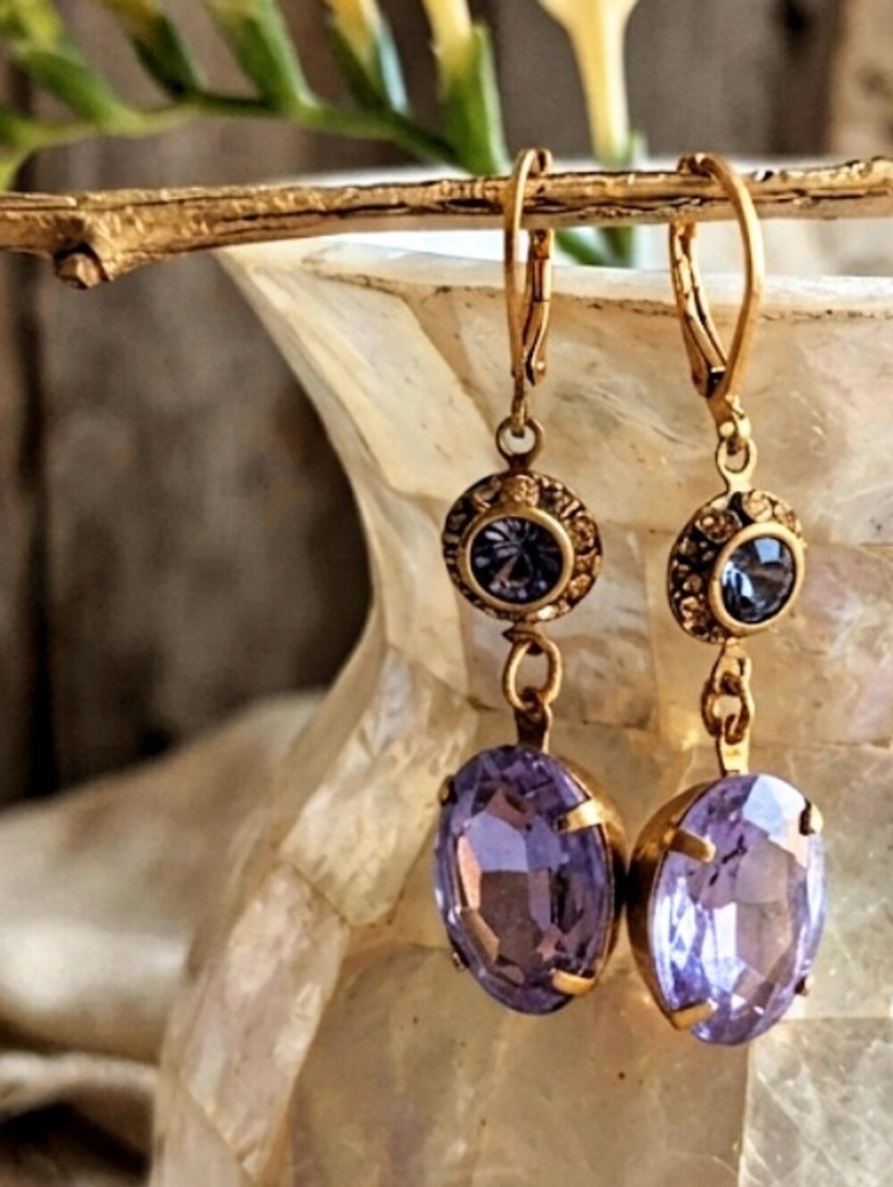 Tanzanite Sparkles Swarovski Purple AB And Flower Drop Down Earrings